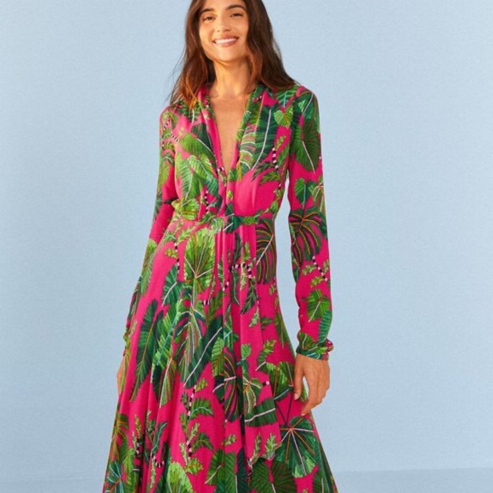 FARM RIO PINK LEAVES MAXI DRESS